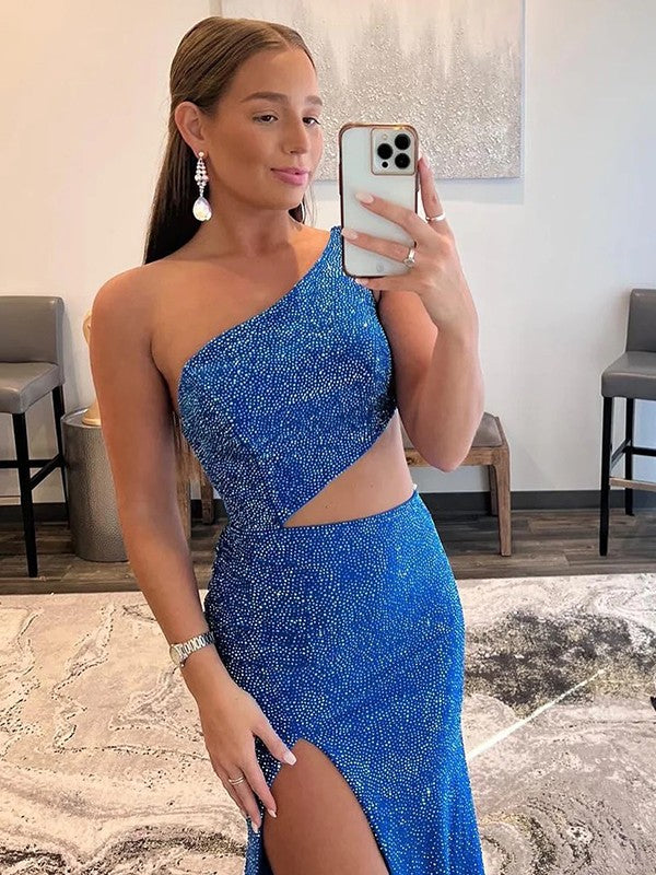 Abiti a tubino/colonna in jersey con strass, monospalla, senza maniche, con strascico a ruota/spazzola