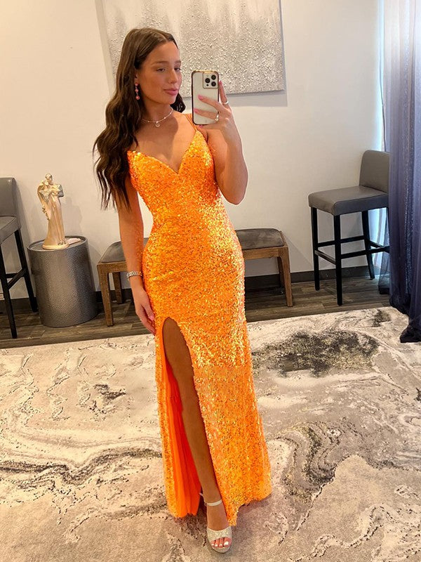 Sheath/Column Sequins V-neck Sleeveless Sweep/Brush Train Dresses