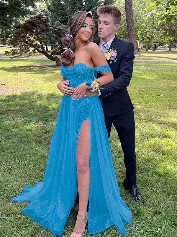 Vestidos de corte A/princesa con apliques de lentejuelas, hombros descubiertos, sin mangas y cola larga