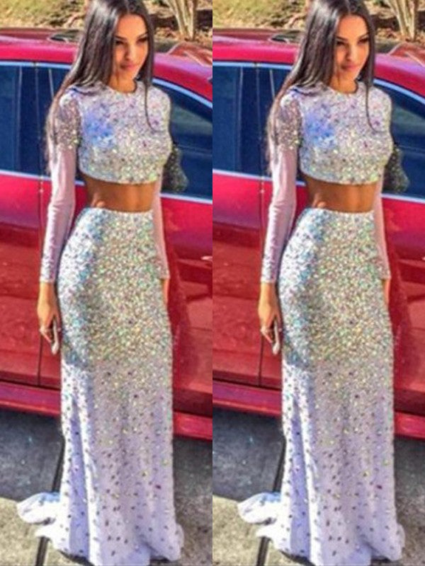 Silver Sequin Two-Piece Sheath/Column Floor-Length Evening Dress with Scoop Neck and High Slit