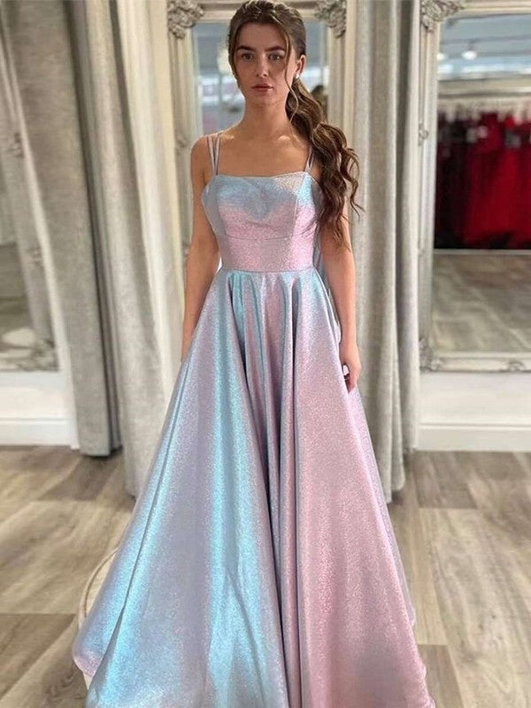Pink Glitter Fabric A-Line Floor-Length Square Neck Evening Dress