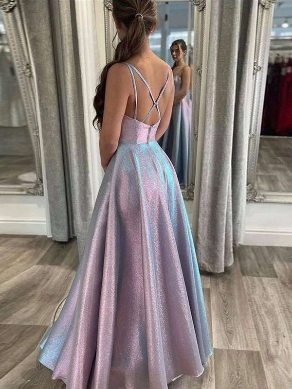Pink Glitter Fabric A-Line Floor-Length Square Neck Evening Dress