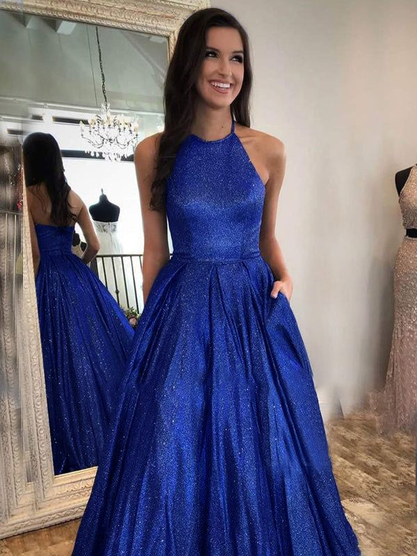 Vestidos de fiesta con volantes, cuello halter, sin mangas y hasta el suelo