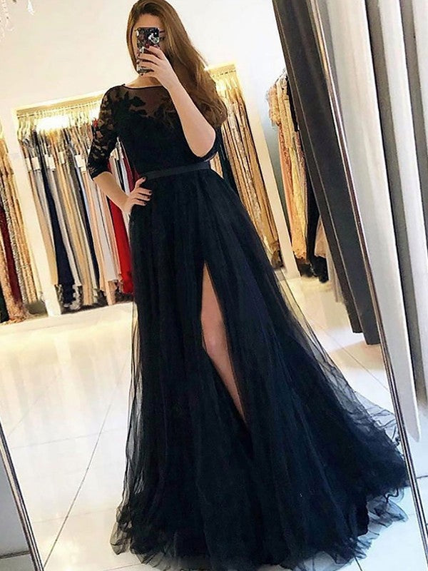 Vestidos de corte A/princesa con tul, encaje, escote redondo, mangas 3/4 y cola larga