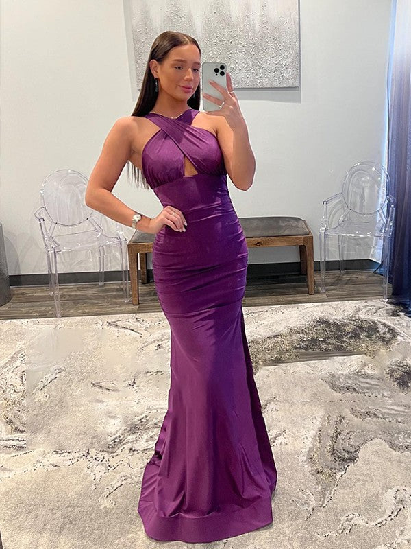 Abiti a tubino/colonna in jersey con arricciature, senza maniche, con strascico a ruota/spazzola