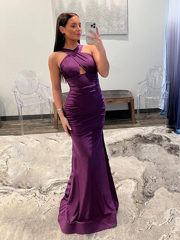 Purple Satin Halter neckline Floor-Length Sheath/column Dress with Keyhole Cutout