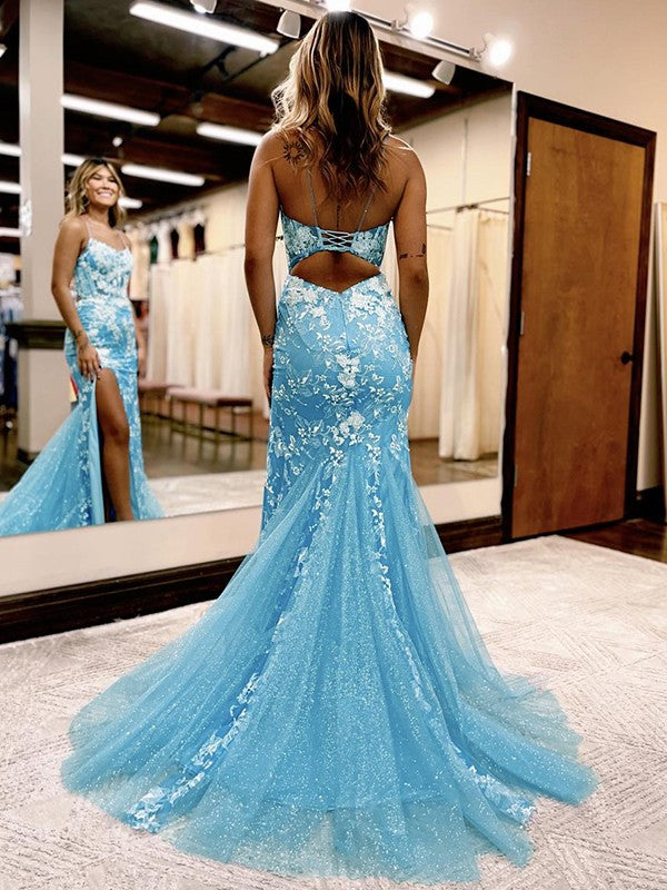 Abiti a tubino/colonna con applicazioni in pizzo, spalline sottili, senza maniche, con strascico a ruota/spazzola