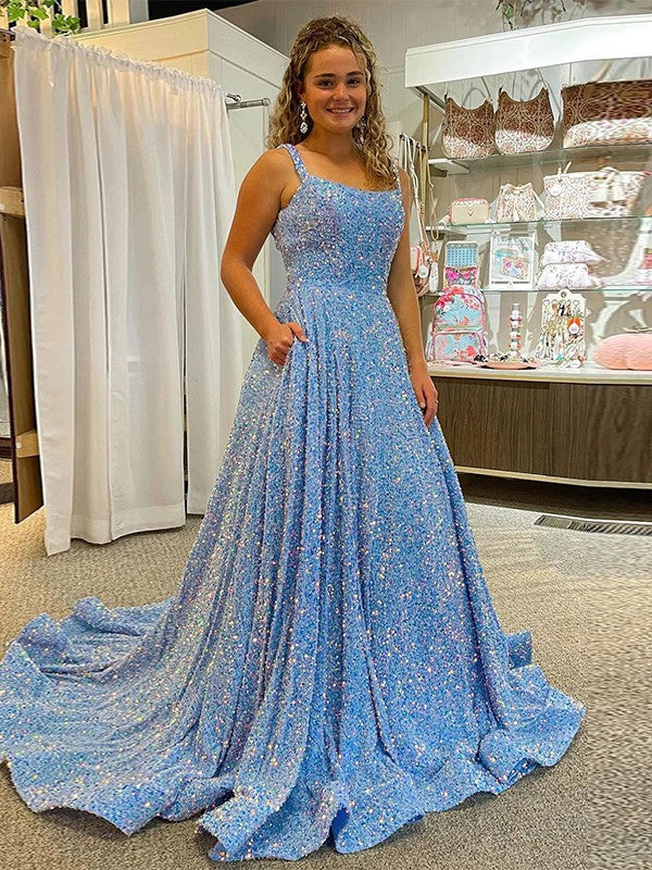 Sky Blue Sequin A-Line Floor-Length Square Neck Evening Dress