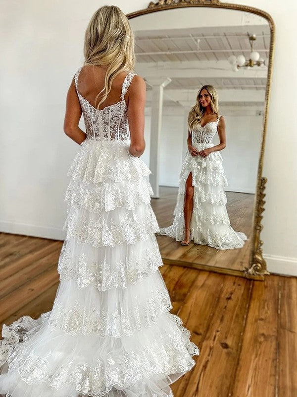 Vestidos de corte A/princesa con tul, encaje, tirantes, sin mangas y cola de corte