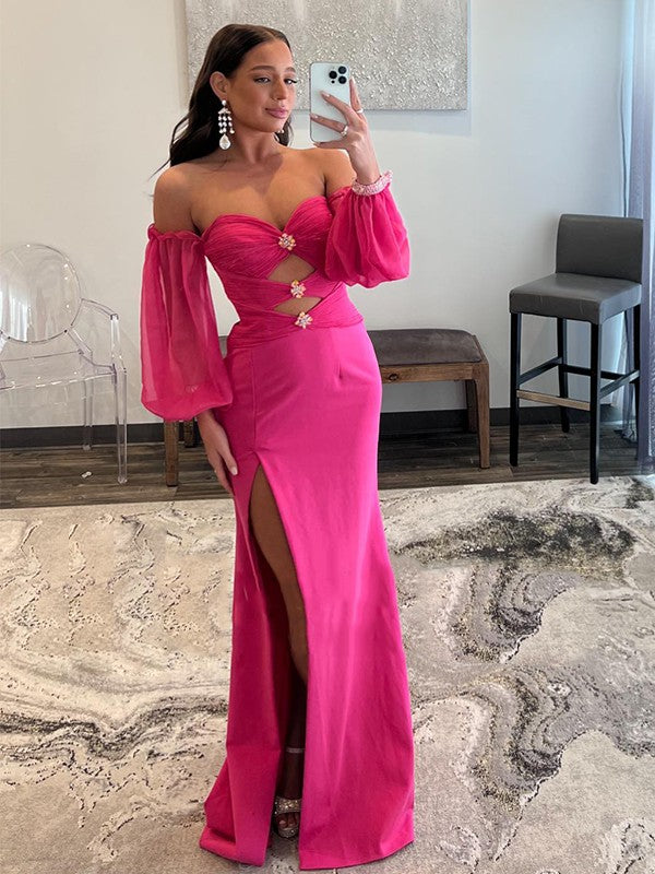 Vestidos de gasa 30D con hombros descubiertos, mangas largas y cola larga, corte tubo/columna