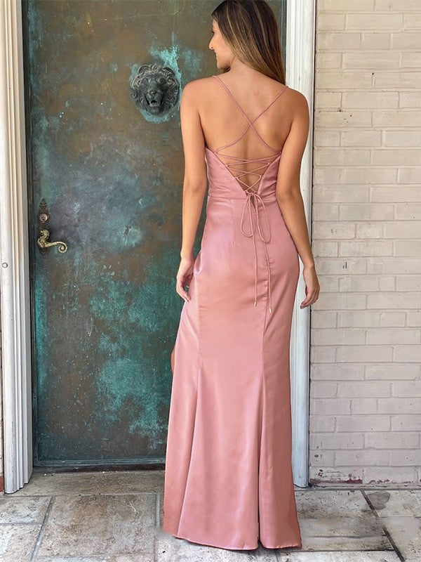 Blushing Pink Satin Sheath/column Floor-Length Cowl Neck with High Slit