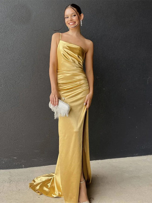 Gold Satin Sheath/column Floor-Length Dress with One Shoulder, Side Ruching and High Slit