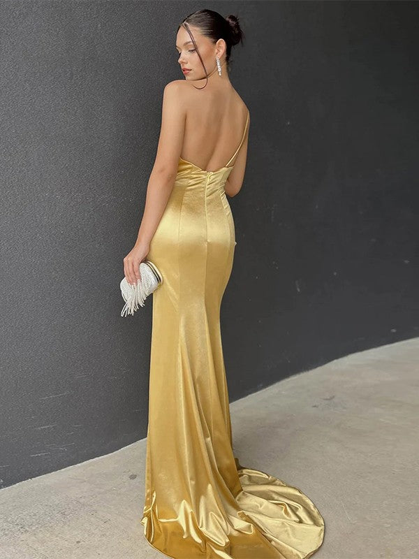 Gold Satin Sheath/column Floor-Length Dress with One Shoulder, Side Ruching and High Slit