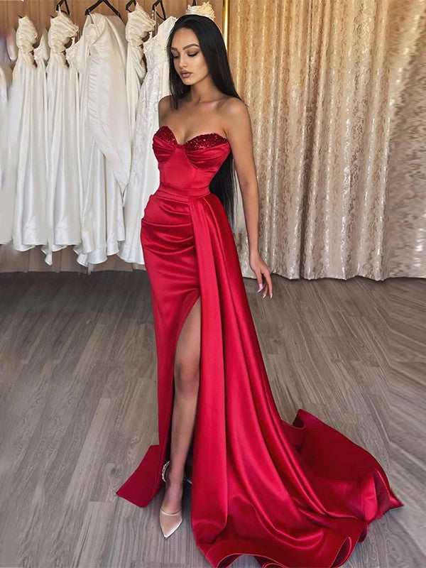 Sheath/Column  Woven Satin Ruched Sweetheart Sleeveless Sweep/Brush Train Dresses