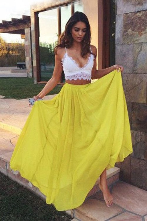 Yellow Chiffon Two-Piece A-Line Floor-Length Bridesmaid Dress