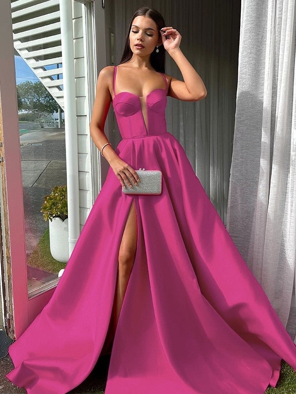 Vestidos de satén con tirantes finos, corte A/princesa, sin mangas y cola larga