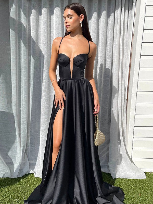 Vestidos de satén con tirantes finos, corte A/princesa, sin mangas y cola larga