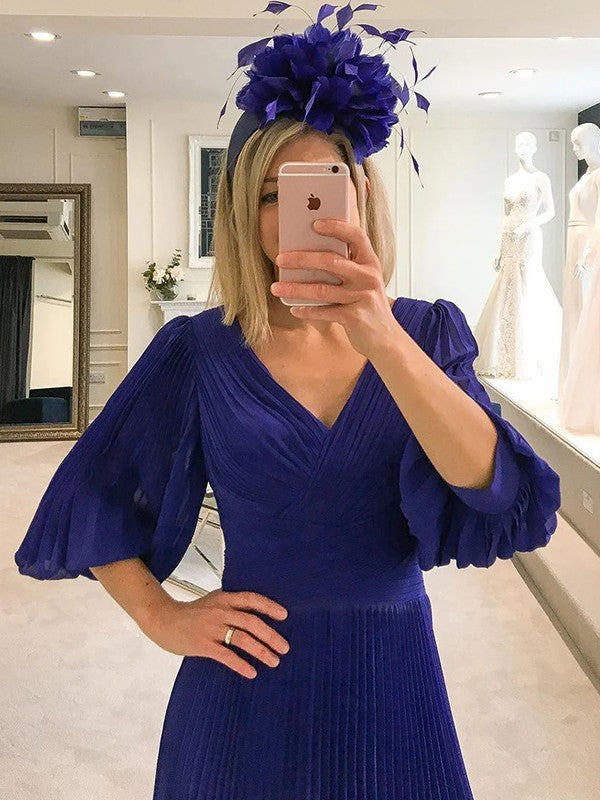 Vestidos de madre de la novia de gasa con volantes, escote en V, mangas 3/4 y largo hasta la rodilla