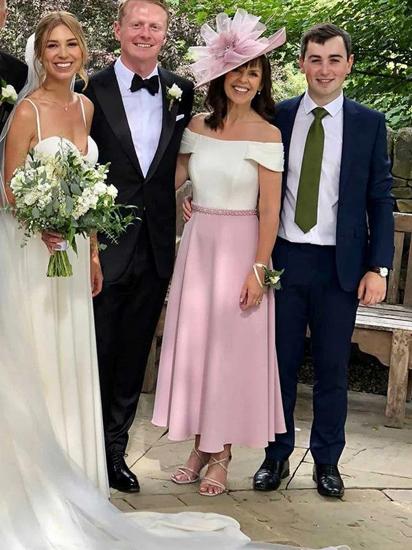 Abiti da sposa per la madre della sposa in stile principessa/trapezio, in charmeuse, con perline, senza maniche, con spalle scoperte e lunghezza alla caviglia