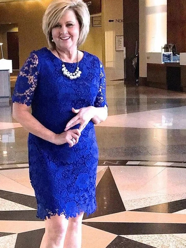 Vestidos de madre de la novia cortos/mini con escote redondo, mangas 1/2 y encaje, corte tubo/columna