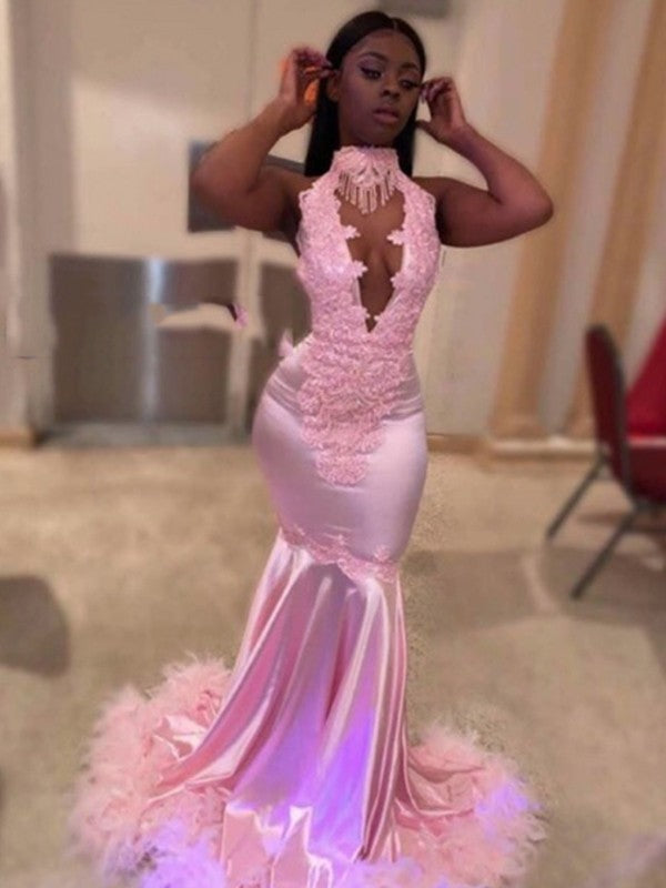 Mermaid Satin Floor-Length Evening Dress with Halter neckline + Lace appliques + Feather trim