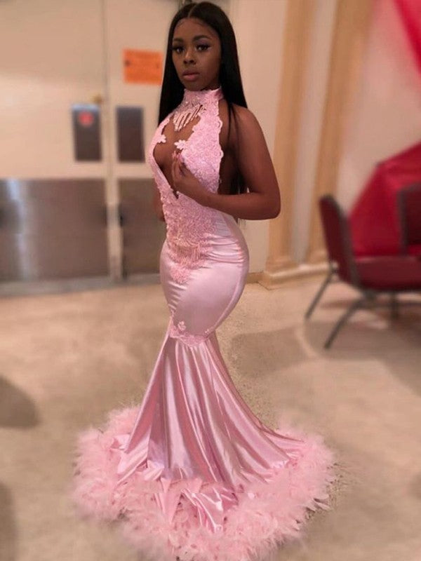 Trumpet/Mermaid  Woven Satin Applique High Neck Sleeveless Sweep/Brush Train Dresses