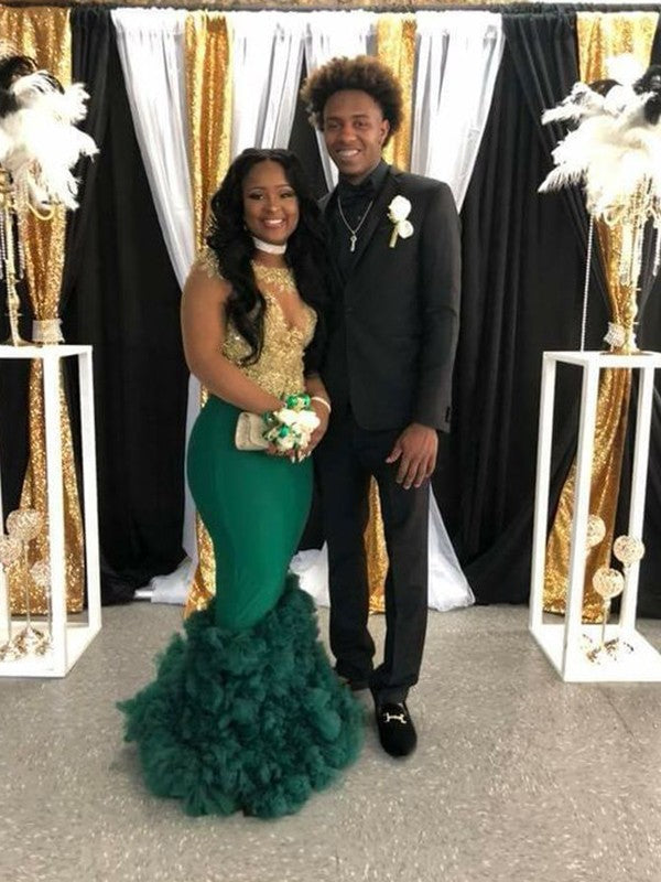 Emerald Sequin Mermaid Floor-Length V-Neck Evening Dress with Ruffled Tulle Skirt