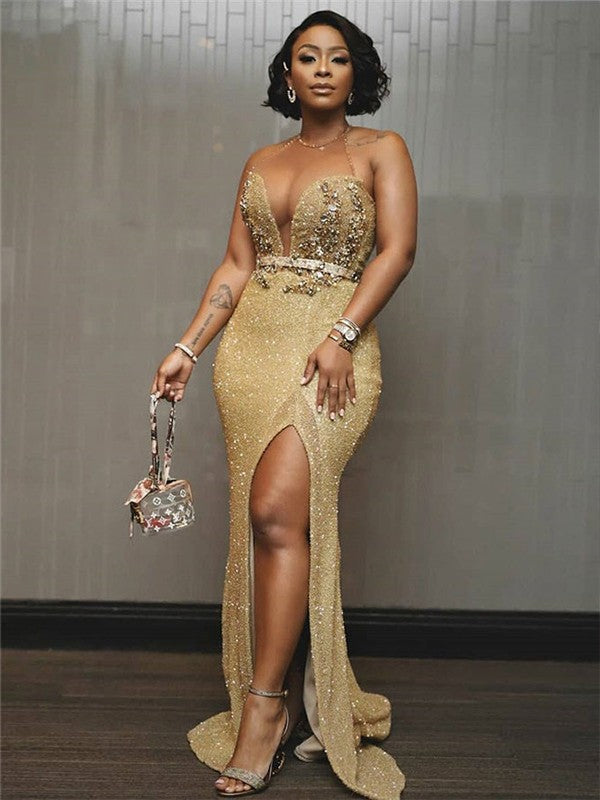 Gold Sequin Mermaid Plunging V-Neck Floor-Length Dress