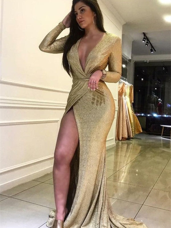 Abiti a tubino/colonna con volant, scollo a V, maniche lunghe, strascico a ruota