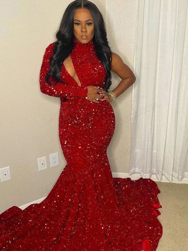 Red Sequin Mermaid Floor-Length High Neck Evening Gown with Asymmetrical Sleeve
