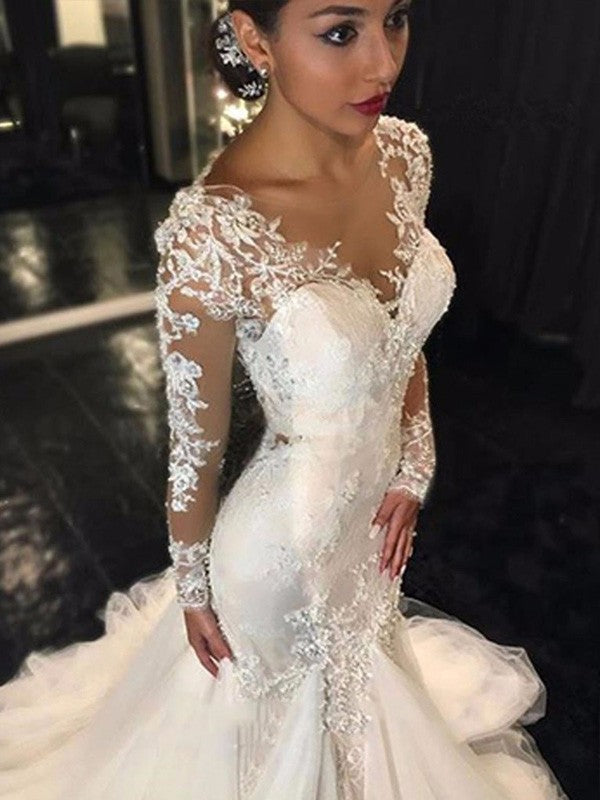 Ivory Lace Mermaid Floor-Length Evening Dress - Illusion Long Sleeves & Sweetheart Neckline