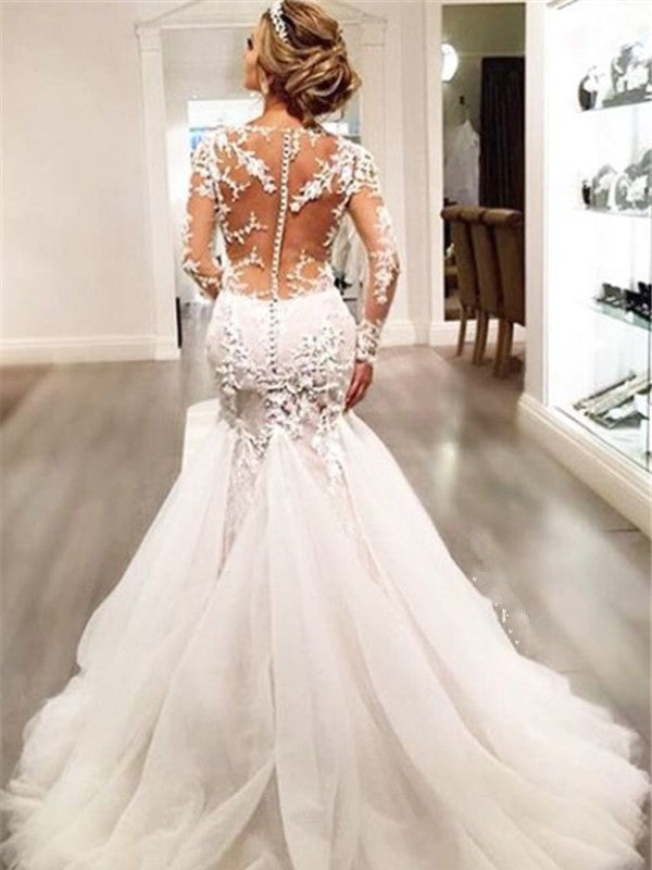 Ivory Lace Mermaid Floor-Length Evening Dress - Illusion Long Sleeves & Sweetheart Neckline