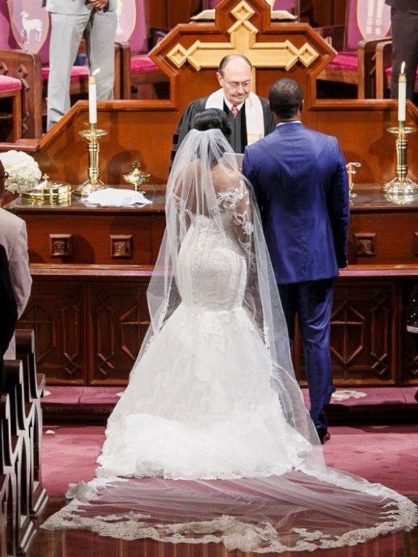 Vestidos de novia de tul con apliques y corte trompeta/sirena, mangas largas, escote corazón y cola larga