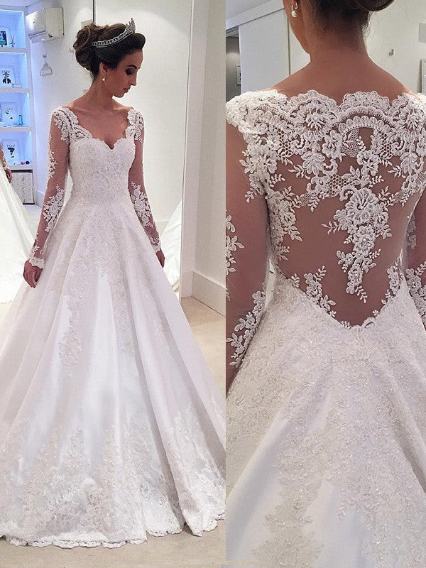Vestidos de novia de satén con escote en V, mangas largas y encaje, cola de corte