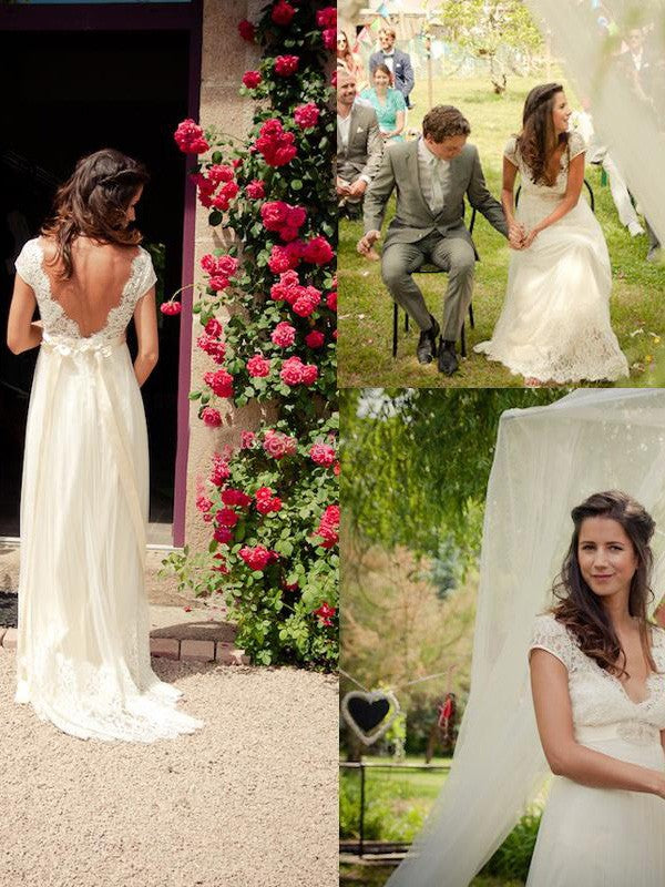 Vestidos de novia de tul con pedrería, corte princesa, escote en V, cola larga y sin mangas
