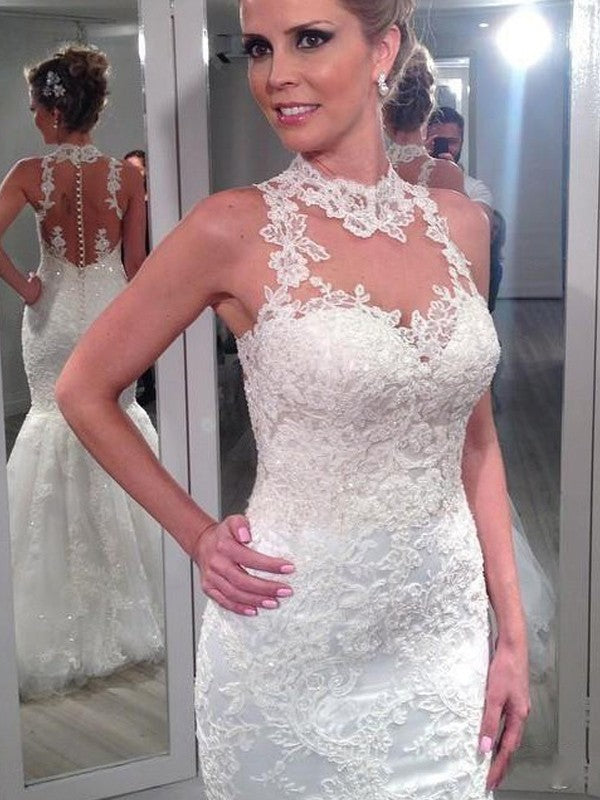 Vestidos de novia de tul con corte trompeta/sirena, cuello alto, sin mangas, encaje y largo hasta el suelo