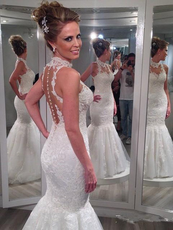 Vestidos de novia de tul con corte trompeta/sirena, cuello alto, sin mangas, encaje y largo hasta el suelo