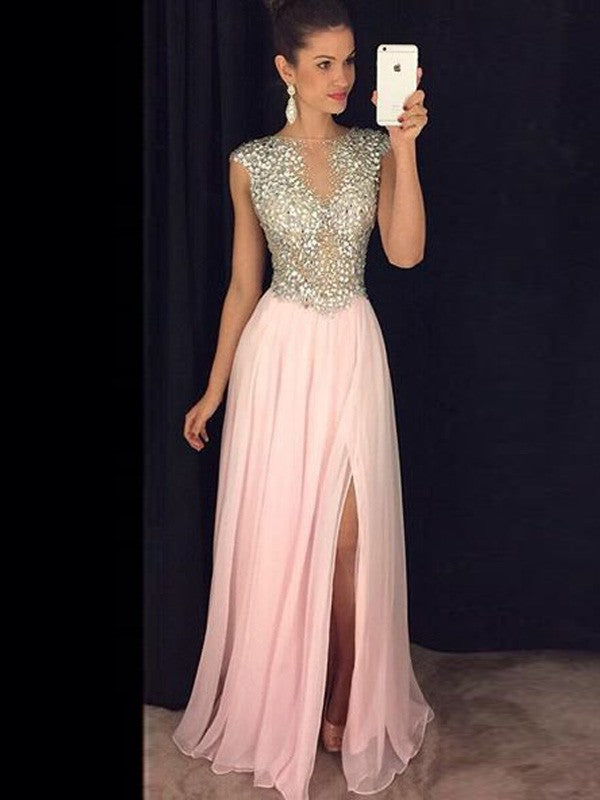 Blushing Pink Chiffon A-Line V-Neck Floor-Length Evening Dress with Embellished Bodice