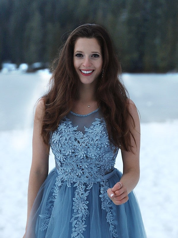 Dusty Blue Tulle A-Line Floor-Length Gown with Illusion Lace Bodice