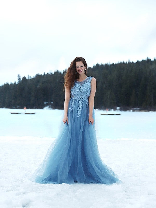 Dusty Blue Tulle A-Line Floor-Length Gown with Illusion Lace Bodice