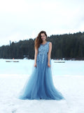 Dusty Blue Tulle A-Line Floor-Length Gown with Illusion Lace Bodice