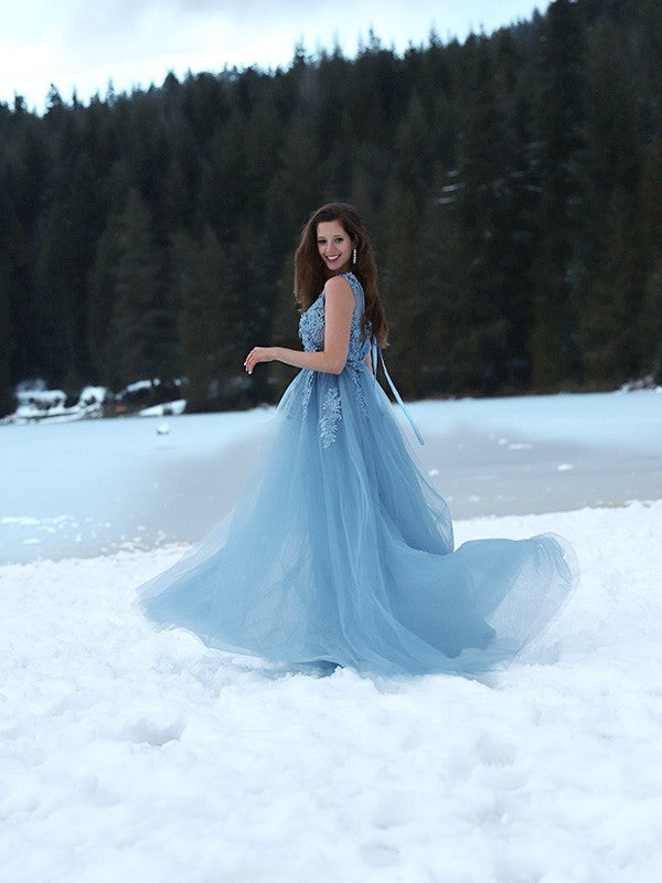 Dusty Blue Tulle A-Line Floor-Length Gown with Illusion Lace Bodice