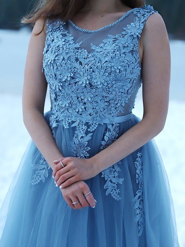 Dusty Blue Tulle A-Line Floor-Length Gown with Illusion Lace Bodice