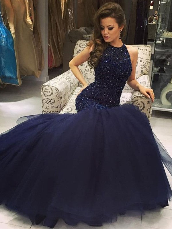 Dark Navy Sequin Mermaid Floor-Length Halter neckline Dress