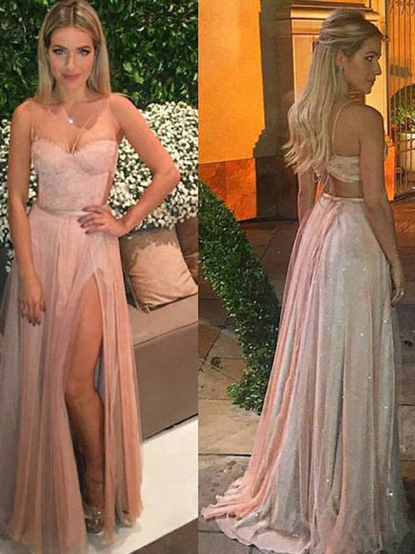 Blushing Pink Chiffon A-Line Floor-Length Bridesmaid Dress with Illusion Neckline & High Slit