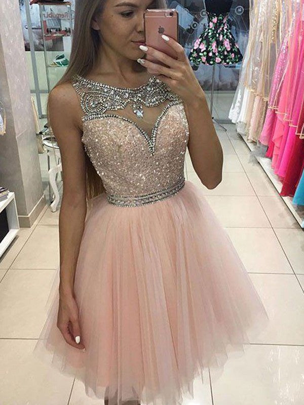 Vestidos cortos/mini de tul con corte A/princesa, sin mangas, escote redondo y cuentas