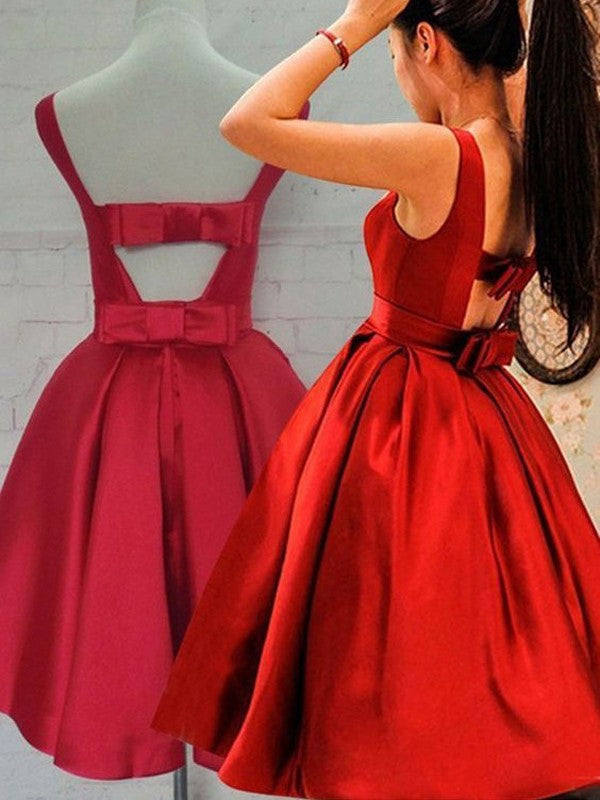 Red Satin A-Line Short Evening Dress with Boat Neck