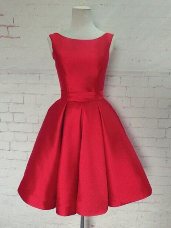 Red Satin A-Line Short Evening Dress with Boat Neck