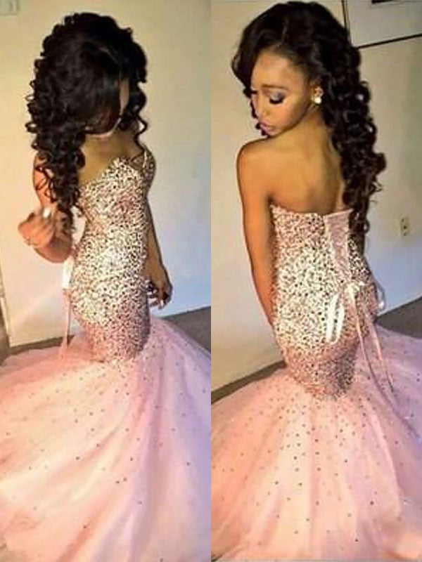 Rose Gold Sequin Mermaid Floor-Length Evening Dress with Sequin Bodice and Lace-up Back