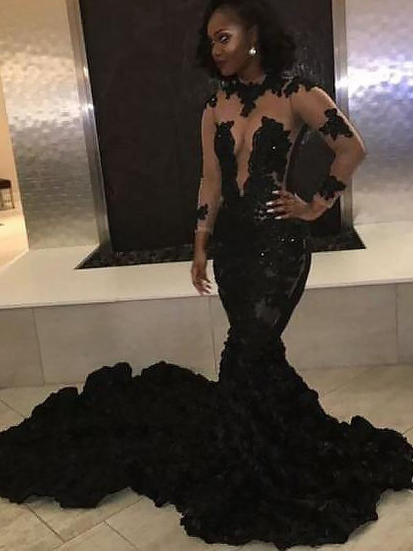Black Lace Mermaid High Neck Floor-Length Evening Dress with Illusion Back